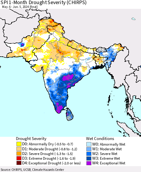 Southern Asia SPI 1-Month Drought Severity (CHIRPS) Thematic Map For 5/6/2024 - 6/5/2024