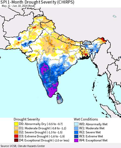 Southern Asia SPI 1-Month Drought Severity (CHIRPS) Thematic Map For 5/11/2024 - 6/10/2024