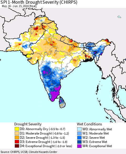 Southern Asia SPI 1-Month Drought Severity (CHIRPS) Thematic Map For 5/16/2024 - 6/15/2024