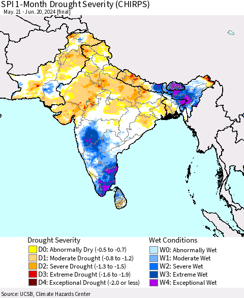 Southern Asia SPI 1-Month Drought Severity (CHIRPS) Thematic Map For 5/21/2024 - 6/20/2024