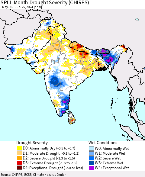 Southern Asia SPI 1-Month Drought Severity (CHIRPS) Thematic Map For 5/26/2024 - 6/25/2024