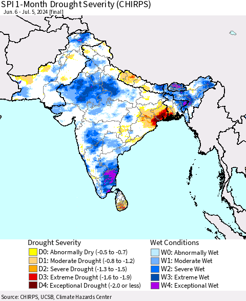 Southern Asia SPI 1-Month Drought Severity (CHIRPS) Thematic Map For 6/6/2024 - 7/5/2024