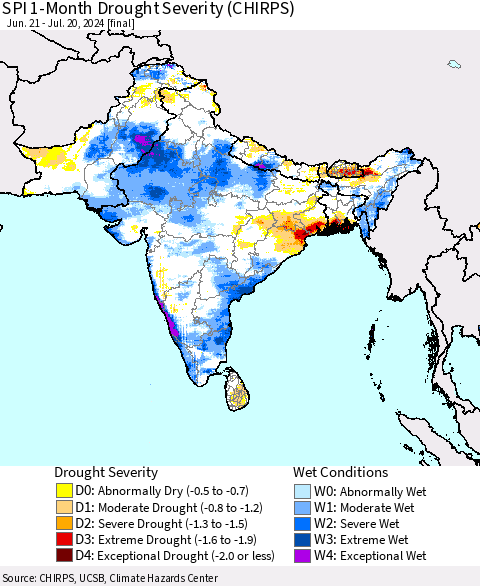 Southern Asia SPI 1-Month Drought Severity (CHIRPS) Thematic Map For 6/21/2024 - 7/20/2024