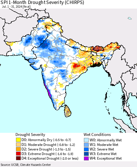 Southern Asia SPI 1-Month Drought Severity (CHIRPS) Thematic Map For 7/1/2024 - 7/31/2024