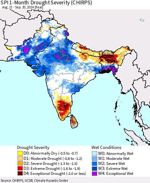Southern Asia SPI 1-Month Drought Severity (CHIRPS) Thematic Map For 8/21/2024 - 9/20/2024