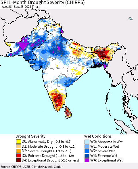 Southern Asia SPI 1-Month Drought Severity (CHIRPS) Thematic Map For 8/26/2024 - 9/25/2024
