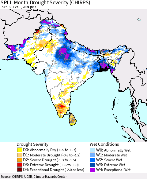 Southern Asia SPI 1-Month Drought Severity (CHIRPS) Thematic Map For 9/6/2024 - 10/5/2024
