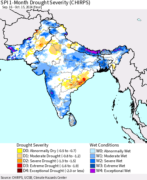Southern Asia SPI 1-Month Drought Severity (CHIRPS) Thematic Map For 9/16/2024 - 10/15/2024