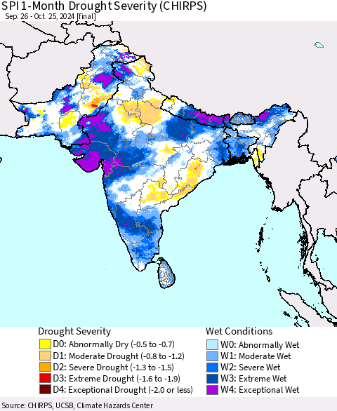 Southern Asia SPI 1-Month Drought Severity (CHIRPS) Thematic Map For 9/26/2024 - 10/25/2024