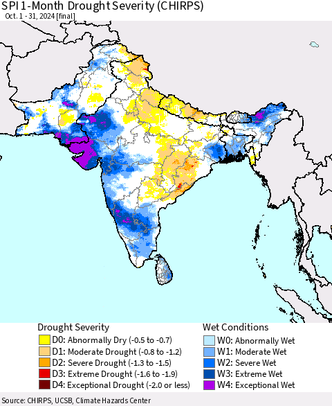 Southern Asia SPI 1-Month Drought Severity (CHIRPS) Thematic Map For 10/1/2024 - 10/31/2024