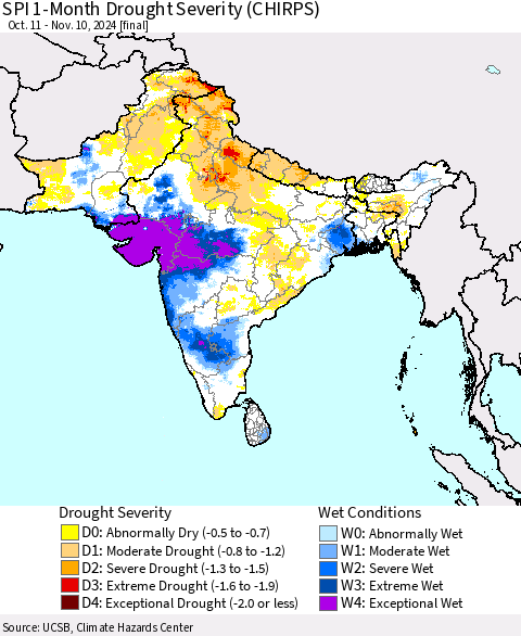 Southern Asia SPI 1-Month Drought Severity (CHIRPS) Thematic Map For 10/11/2024 - 11/10/2024
