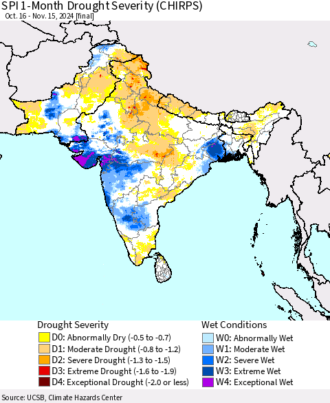Southern Asia SPI 1-Month Drought Severity (CHIRPS) Thematic Map For 10/16/2024 - 11/15/2024