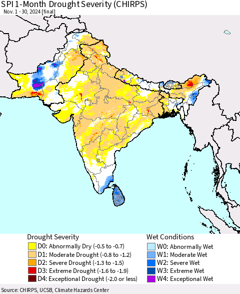 Southern Asia SPI 1-Month Drought Severity (CHIRPS) Thematic Map For 11/1/2024 - 11/30/2024