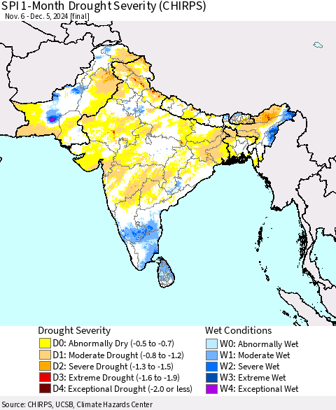 Southern Asia SPI 1-Month Drought Severity (CHIRPS) Thematic Map For 11/6/2024 - 12/5/2024