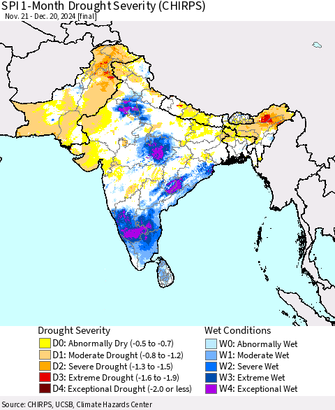 Southern Asia SPI 1-Month Drought Severity (CHIRPS) Thematic Map For 11/21/2024 - 12/20/2024