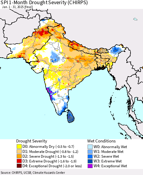 Southern Asia SPI 1-Month Drought Severity (CHIRPS) Thematic Map For 1/1/2025 - 1/31/2025