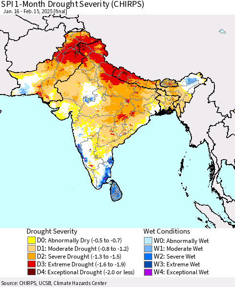 Southern Asia SPI 1-Month Drought Severity (CHIRPS) Thematic Map For 1/16/2025 - 2/15/2025