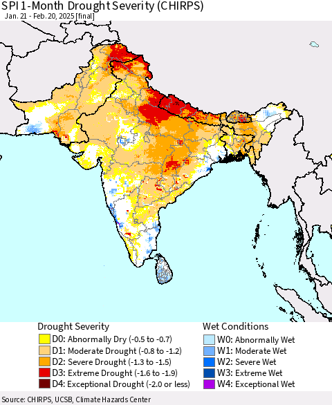 Southern Asia SPI 1-Month Drought Severity (CHIRPS) Thematic Map For 1/21/2025 - 2/20/2025
