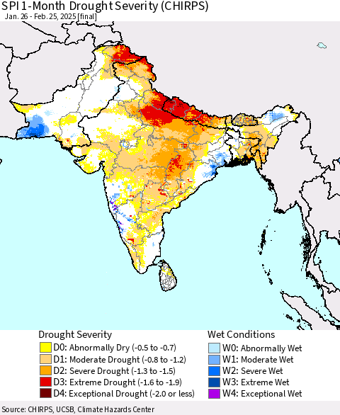 Southern Asia SPI 1-Month Drought Severity (CHIRPS) Thematic Map For 1/26/2025 - 2/25/2025