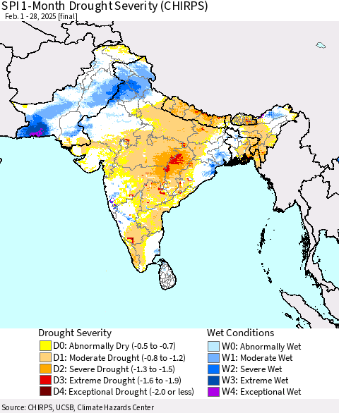 Southern Asia SPI 1-Month Drought Severity (CHIRPS) Thematic Map For 2/1/2025 - 2/28/2025