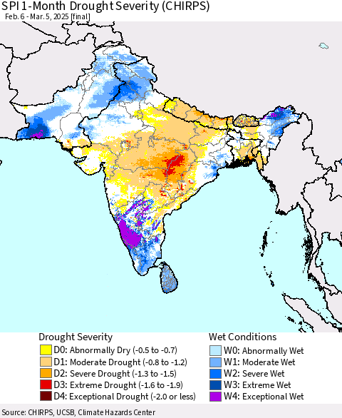 Southern Asia SPI 1-Month Drought Severity (CHIRPS) Thematic Map For 2/6/2025 - 3/5/2025