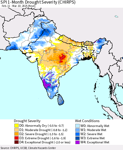 Southern Asia SPI 1-Month Drought Severity (CHIRPS) Thematic Map For 2/11/2025 - 3/10/2025