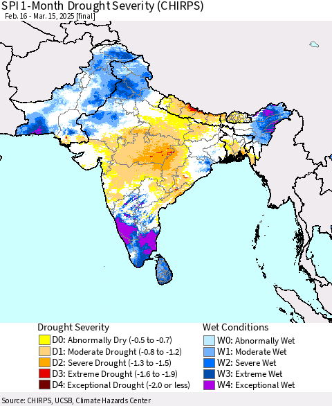 Southern Asia SPI 1-Month Drought Severity (CHIRPS) Thematic Map For 2/16/2025 - 3/15/2025