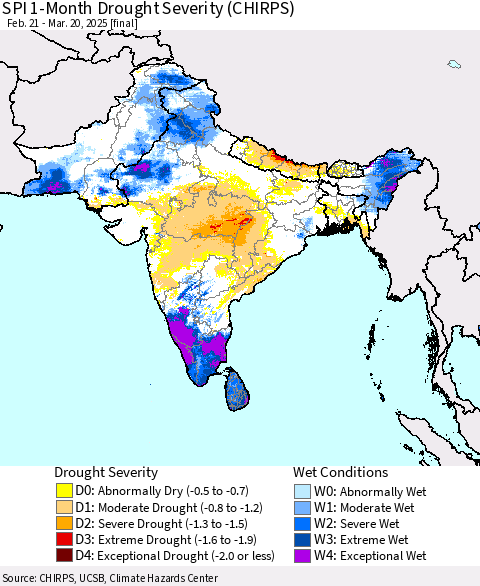 Southern Asia SPI 1-Month Drought Severity (CHIRPS) Thematic Map For 2/21/2025 - 3/20/2025
