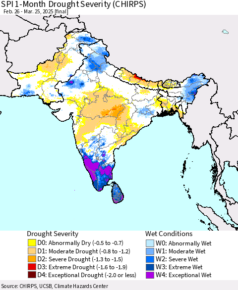 Southern Asia SPI 1-Month Drought Severity (CHIRPS) Thematic Map For 2/26/2025 - 3/25/2025