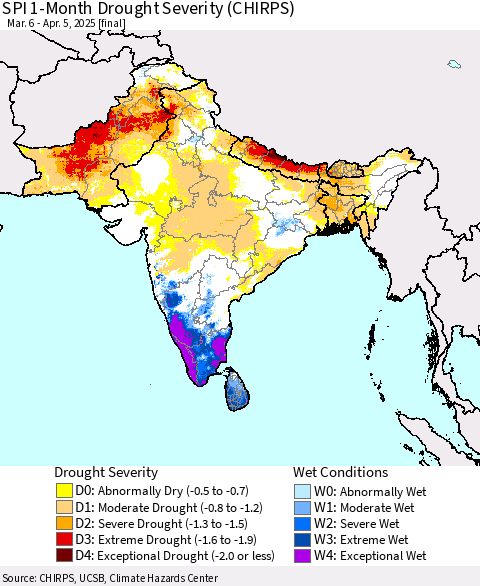 Southern Asia SPI 1-Month Drought Severity (CHIRPS) Thematic Map For 3/6/2025 - 4/5/2025