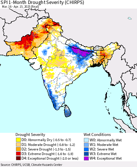Southern Asia SPI 1-Month Drought Severity (CHIRPS) Thematic Map For 3/16/2025 - 4/15/2025
