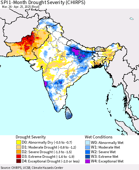 Southern Asia SPI 1-Month Drought Severity (CHIRPS) Thematic Map For 3/26/2025 - 4/25/2025