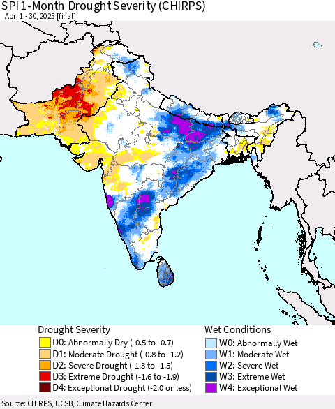 Southern Asia SPI 1-Month Drought Severity (CHIRPS) Thematic Map For 4/1/2025 - 4/30/2025