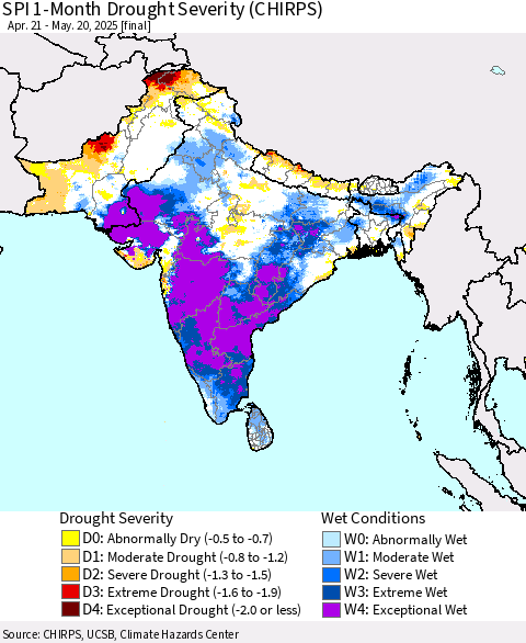 Southern Asia SPI 1-Month Drought Severity (CHIRPS) Thematic Map For 4/21/2025 - 5/20/2025