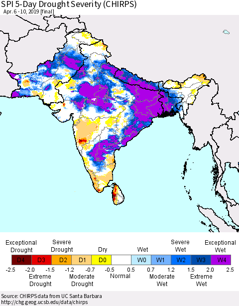 Southern Asia SPI 5-Day Drought Severity (CHIRPS) Thematic Map For 4/6/2019 - 4/10/2019