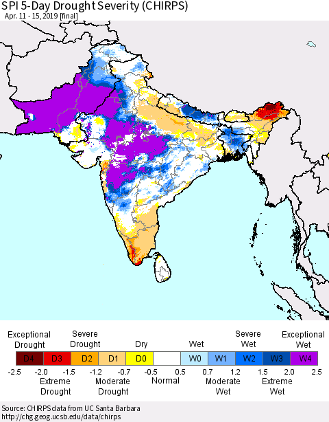 Southern Asia SPI 5-Day Drought Severity (CHIRPS) Thematic Map For 4/11/2019 - 4/15/2019