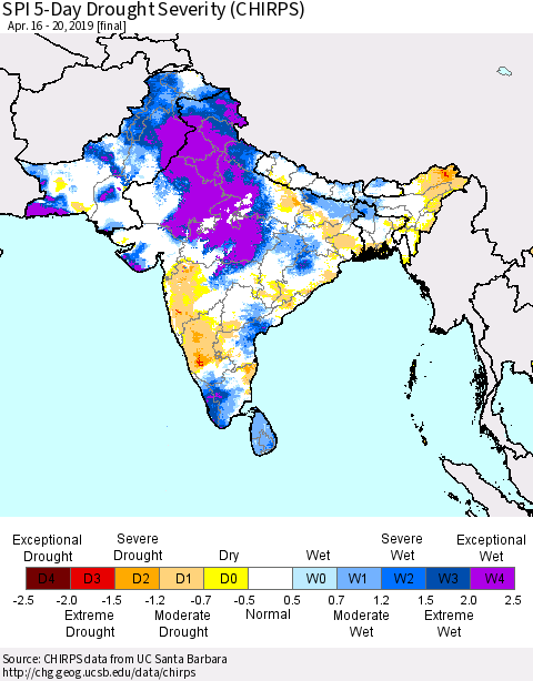 Southern Asia SPI 5-Day Drought Severity (CHIRPS) Thematic Map For 4/16/2019 - 4/20/2019