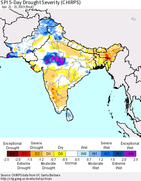 Southern Asia SPI 5-Day Drought Severity (CHIRPS) Thematic Map For 4/21/2019 - 4/25/2019