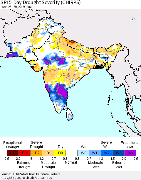 Southern Asia SPI 5-Day Drought Severity (CHIRPS) Thematic Map For 4/26/2019 - 4/30/2019