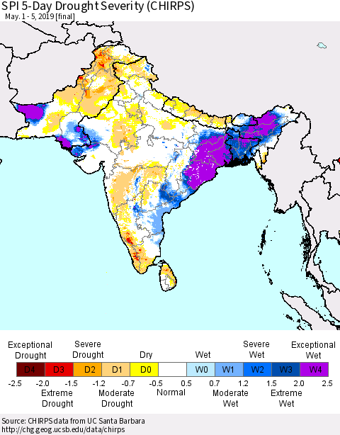Southern Asia SPI 5-Day Drought Severity (CHIRPS) Thematic Map For 5/1/2019 - 5/5/2019