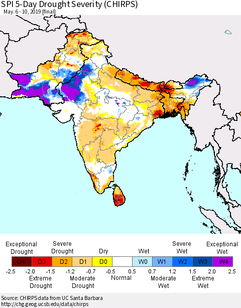 Southern Asia SPI 5-Day Drought Severity (CHIRPS) Thematic Map For 5/6/2019 - 5/10/2019
