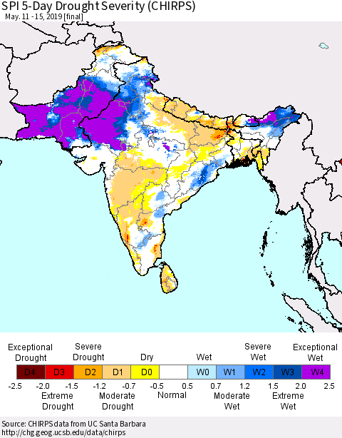 Southern Asia SPI 5-Day Drought Severity (CHIRPS) Thematic Map For 5/11/2019 - 5/15/2019