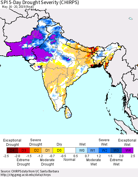 Southern Asia SPI 5-Day Drought Severity (CHIRPS) Thematic Map For 5/16/2019 - 5/20/2019