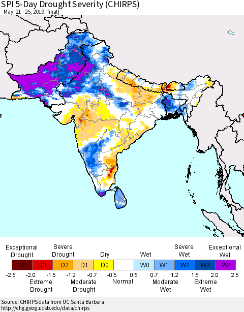 Southern Asia SPI 5-Day Drought Severity (CHIRPS) Thematic Map For 5/21/2019 - 5/25/2019