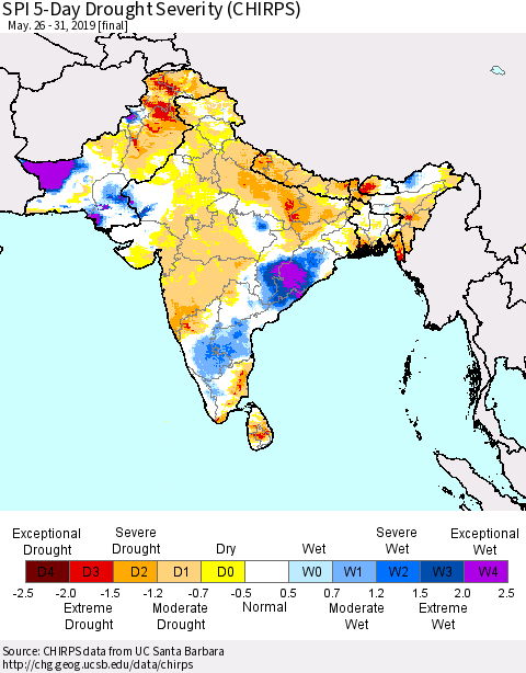 Southern Asia SPI 5-Day Drought Severity (CHIRPS) Thematic Map For 5/26/2019 - 5/31/2019