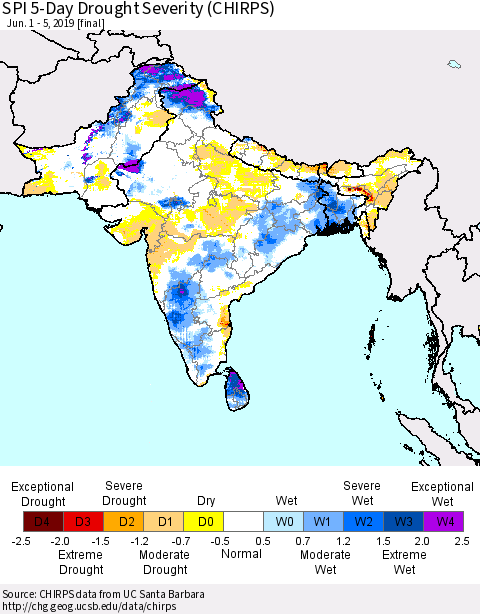 Southern Asia SPI 5-Day Drought Severity (CHIRPS) Thematic Map For 6/1/2019 - 6/5/2019