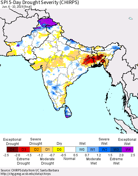 Southern Asia SPI 5-Day Drought Severity (CHIRPS) Thematic Map For 6/6/2019 - 6/10/2019