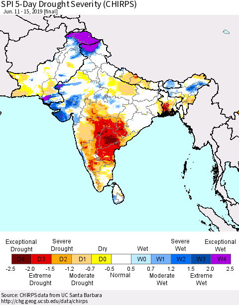 Southern Asia SPI 5-Day Drought Severity (CHIRPS) Thematic Map For 6/11/2019 - 6/15/2019