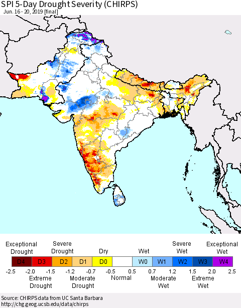 Southern Asia SPI 5-Day Drought Severity (CHIRPS) Thematic Map For 6/16/2019 - 6/20/2019