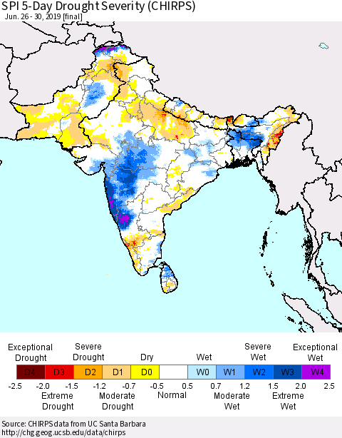 Southern Asia SPI 5-Day Drought Severity (CHIRPS) Thematic Map For 6/26/2019 - 6/30/2019